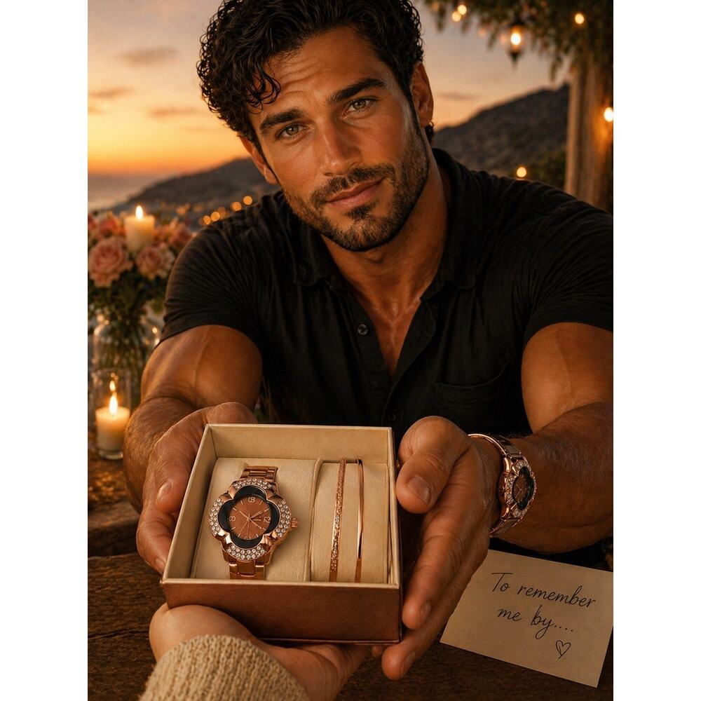 Copper Tone Rhinestone Flower Watch & Bangle Set Glam Statement